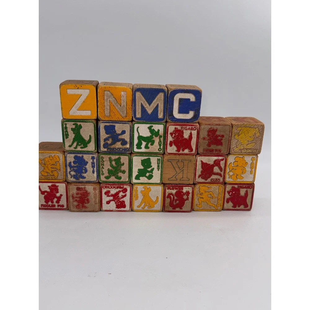 21 Vintage Wooden Alphabet Pictorial Blocks Disney Characters 1.8 Inch Nursery
